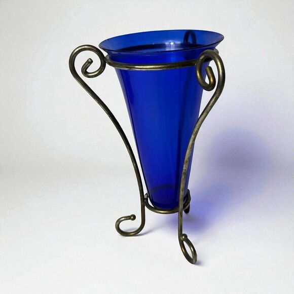 Vintage 12" Cobalt Blue Glass Vase with Metal Stand – Small Flaws - Picture 1 of 9